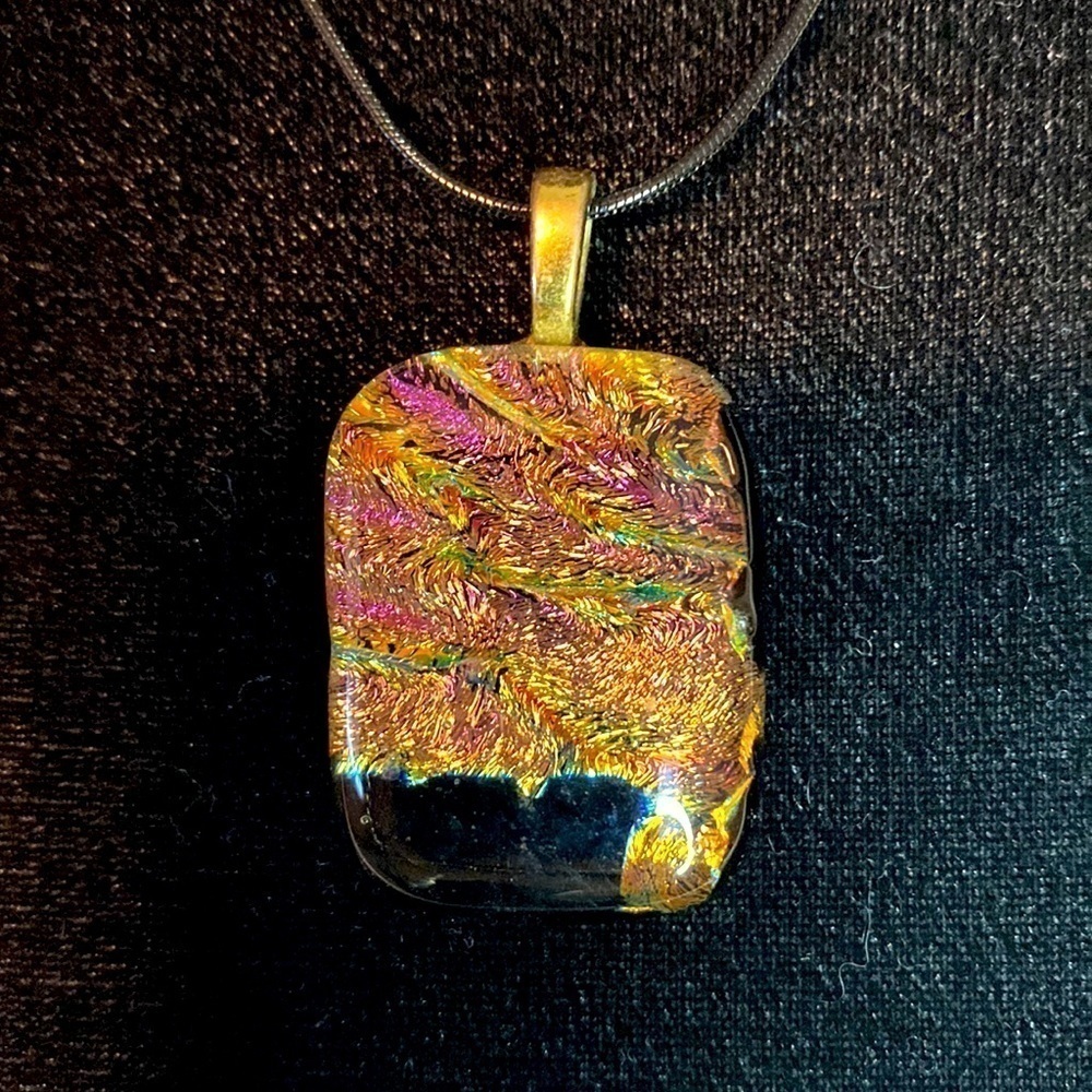 FUSED Glass Rectangular Pendant with metallic golds, pink, peach, green, black
